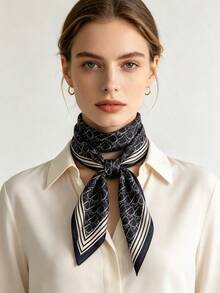 Moemton Foulard en soie bleu marine vintage avec imprimé lettres, foulard de cou élégant avec bordure rayée, convient pour les occasions sophistiquées - Noir - Voir 3
