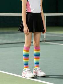 4 Pairs Girls Rainbow Colorful Striped Mid-Calf Sports Socks, Girls Fitness Spring Autumn All Season Versatile Football Tennis Running Sports Socks, No-Heel Design, Suitable For 6-10 Years Old Children - Multicolor - View 5