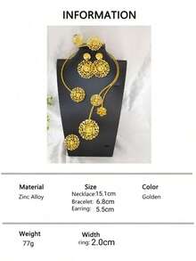 1 Necklace, 1 Bracelet, 1 Pair Of Earrings, 1 Ring, Fashion Women's Gold-Plated Vintage Hollow Floral Jewelry Set, 4pcs, Suitable For Saudi Arabia, Middle East, Dubai, Europe, America, Africa, Bride, Wedding, Banquet, Date, Dress Accessories, Mother's Day, Valentine's Day, Birthday, Wedding Season, Daily Wear, Gift For Mom, Sister, Girlfriend - Yellow Gold - View 6