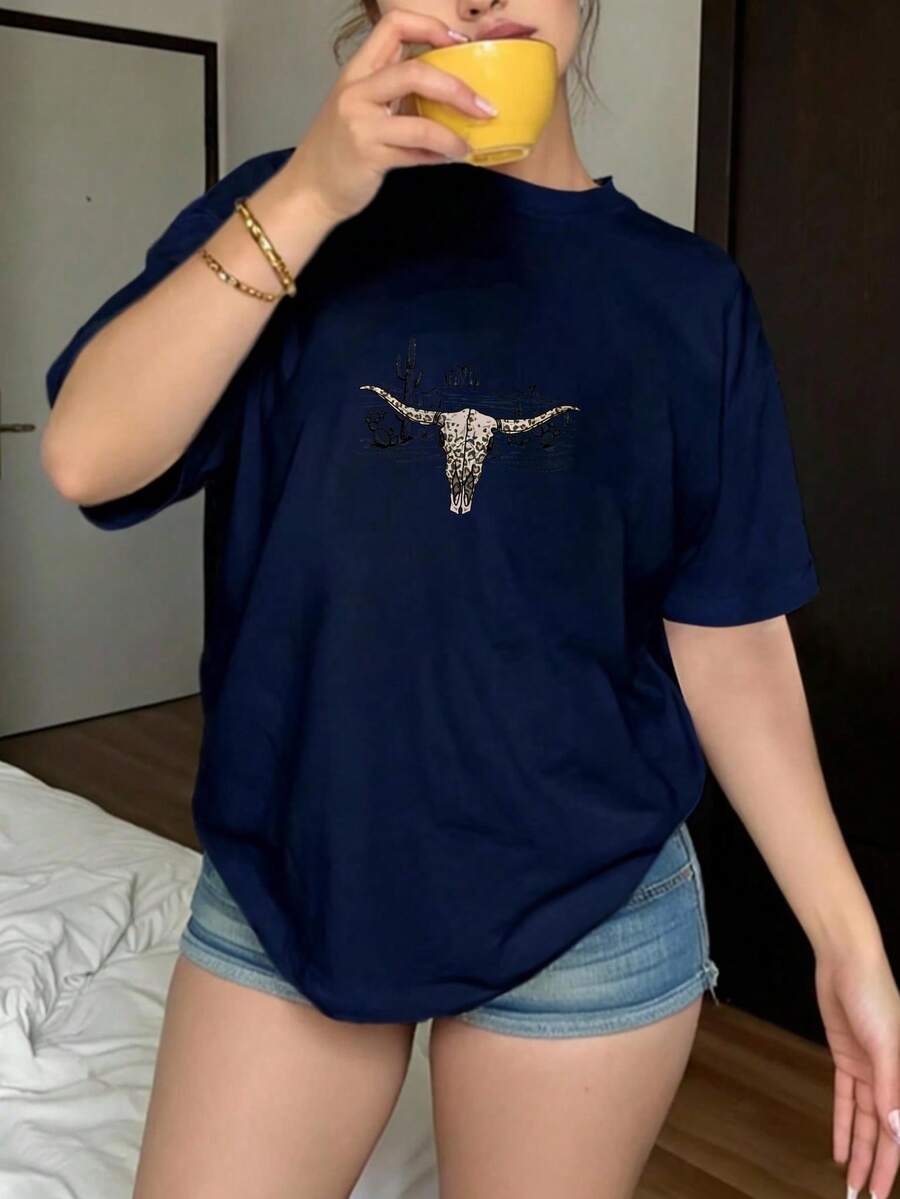 Camiseta de manga corta para mujer, disponible en varios colores, corte holgado - Azul - Ver 1