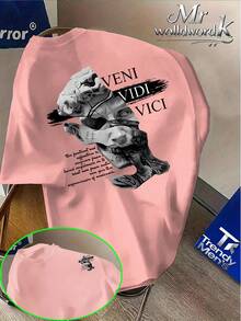 Estampado de retazos de una estatua rota de David combinado con la inscripción VENI VIDI, estampado doble en la parte delantera y trasera, camiseta de manga corta estilo casual urbano a - Blanco - Ver 10
