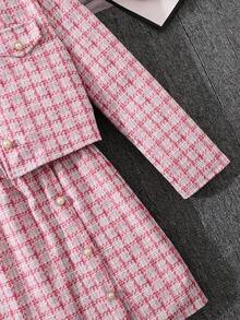 Left Mama Girls' Elegant Sweet Plaid Long Sleeve Jacket, White Camisole Top And Skirt Set, Spring/Autumn - Pink - View 6
