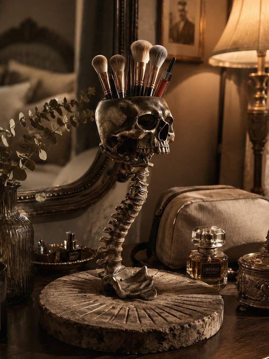 حامل فرش مكياج من الراتنج بتصميم جمجمة وعمود فقري عتيق، منظم مكتبي متعدد الوظائف بأسلوب قوطي، تخزين فرش وأحمر شفاه لغرفة الزينة بأسلوب الأكاديمية المظلمة، ديكور غرفة النوم والمكتب وغرفة الرعب، حرفة راتنجية متينة، هدية فريدة لعشاق الأسلوب البديل، يضيف أناقة غامضة لغرفة الزينة، يحافظ على تنظيم مستحضرات التجميل، مناسب لديكور المنزل القوطي - متعدد الألوان - مشاهدة 1