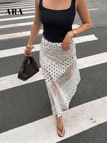 ARA CHIC Women's White Polka Dot Lace Trim Asymmetric Skirt, Breathable Flowy Skirt, Beach Vacation Outfit - Black and White - View 2