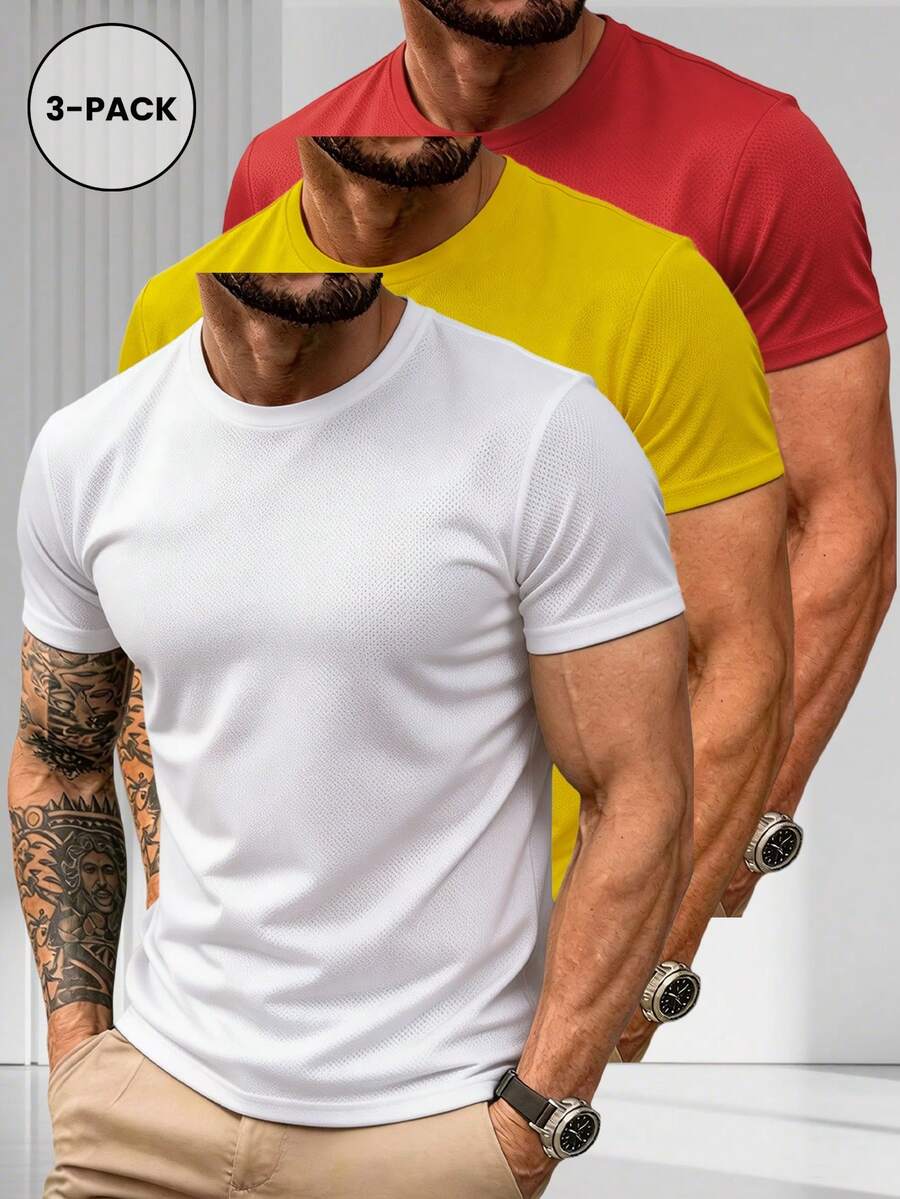 3pcs/Set Men's Summer Quick-Dry Sports T-Shirts - Multi-Color Crew Neck Short Sleeve, Breathable Multi-Functional Fitness Running Tops - Multicolor - View 1