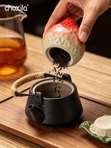 choxila 1pc Strawberry Pattern Sealed Ceramic Jar With Lid, Suitable For Storing Tea, Candy And Other Foods - Red - View 2