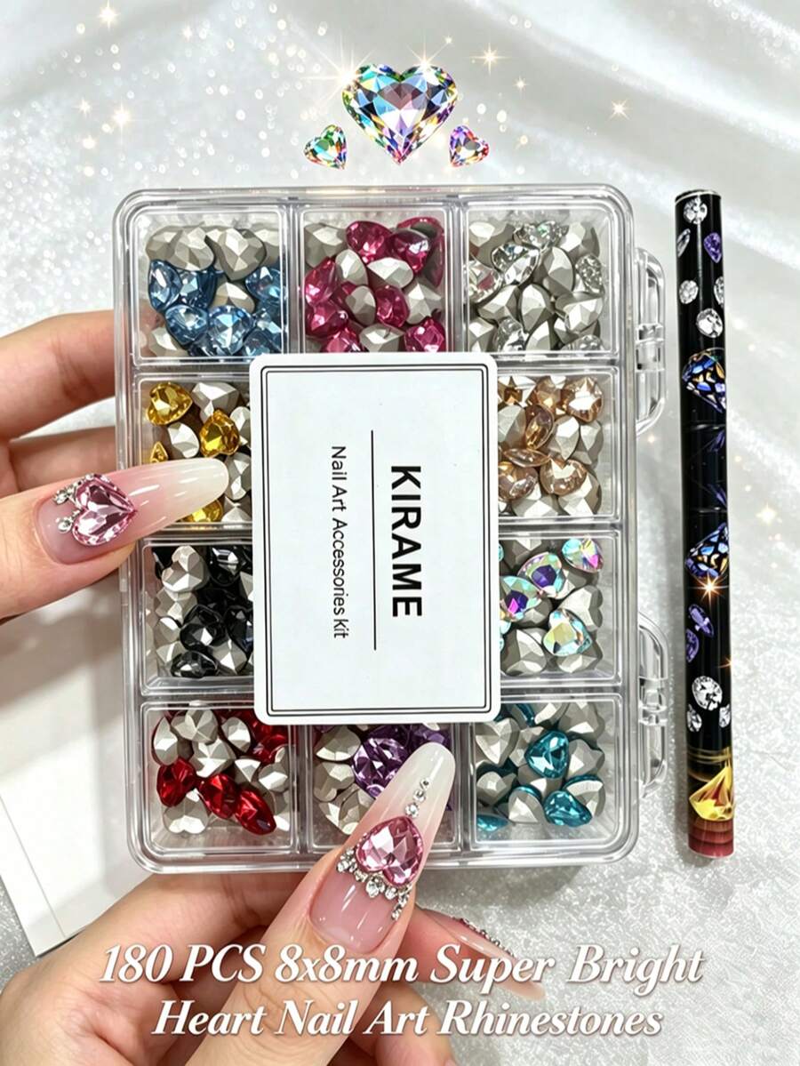 KIRAME 180顆 8*8mm 心形尖底 K9 超亮混色美甲水鑽套組，含1支美甲刷，DIY居家美甲、美甲沙龍用品、美甲裝飾，聖誕、夏季與旅行美甲，節日禮物美甲飾品