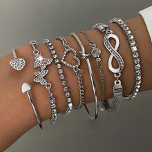 Juego de 8 pulseras de cadena de metal multicapa estilo bohemio minimalista simple para mujer - Plateado - Ver 8
