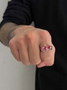 1pc Y2K Style Double Star Enamel Open Ring, Silver Base With Colorful Stars, Adjustable Size, Punk Hip-Hop Style Statement Ring, Unisex - Oil-drip Five-pointed Star Open Ring - View 4