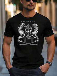 dieval polaca| Diseño histórico del ejército polaco, estampado de caballería alada - cuello redondo suave y transpirable, tela de elasticidad media, adecuada para ropa renacentista y casual. - Negro - Ver 1