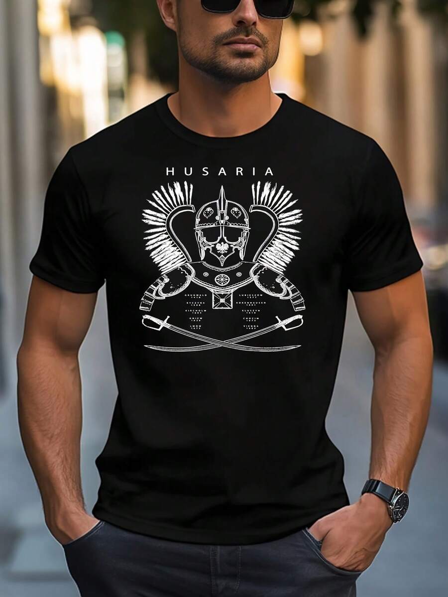 dieval polaca| Diseño histórico del ejército polaco, estampado de caballería alada - cuello redondo suave y transpirable, tela de elasticidad media, adecuada para ropa renacentista y casual. - Negro - Ver 1