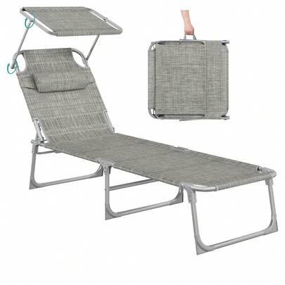 Sun Lounger, Patio Chaise Lounge Chair, Folding, With Canop…