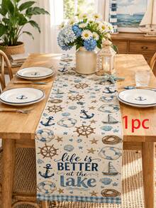 1pc Anchor Sailboat Rudder Pattern Table Runner, Ocean Style, Summer Home Kitchen Decor Table Runner, Table Runner Placemat Pillow Set, Suitable For Summer Home Kitchen Decor And Party Decoration - Multicolor - View 16