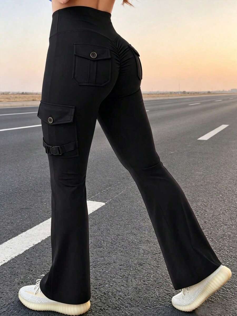 Y2K街頭風高腰百褶瑜伽喇叭褲,附口袋,休閒運動褲,適合女性日常與戶外活動,秋季黑色 - 黑色 - 查看 1