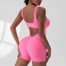 Mono Deportivo Corto para Mujer, Sin Mangas, Sexy, con Espalda Descubierta, Ropa de Yoga, Traje de Una Pieza para Ejercicio, Ciclismo y Recreación al Aire Libre - Rosa - Ver 2