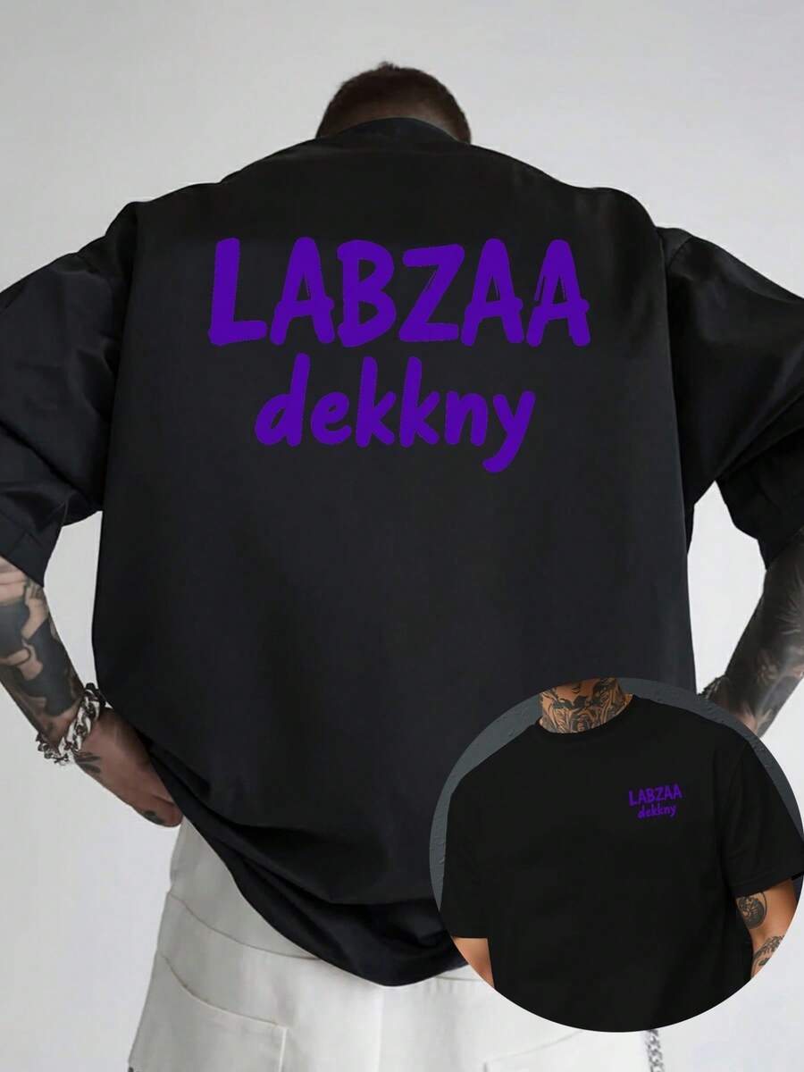LABZAA, nueva camiseta de cuello redondo para hombre con estampado de doble cara en la parte delantera y trasera, estilo casual, deportivo, moderno y holgado para estudiantes y adolescentes, - Negro - Ver 1