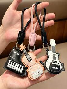 Cat Music Instrument Faux Leather Keychain Violin Piano Guitar Pendant Creative Bag Charm Car Key Chain, Bag Accessory, Bag Pendant, Love Accessory Daily Gift For Best Friend Music Lover Birthday Holiday Gift - Multicolor - View 1