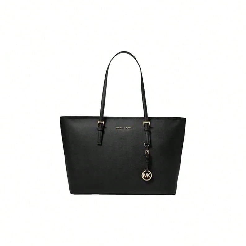 MICHAEL KORS MK Jet Set Travel Tote Bag With Logo Pendant, Solid Color, Vintage Style, Polyester, Medium Size, Women's, Black - 30F0GTVT6V-bLACK - View 1