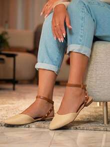 Women's Flat Shoes With Pointed Toe, Adjustable Ankle Strap, Spikes, Comfortable - Champán - Ver 4