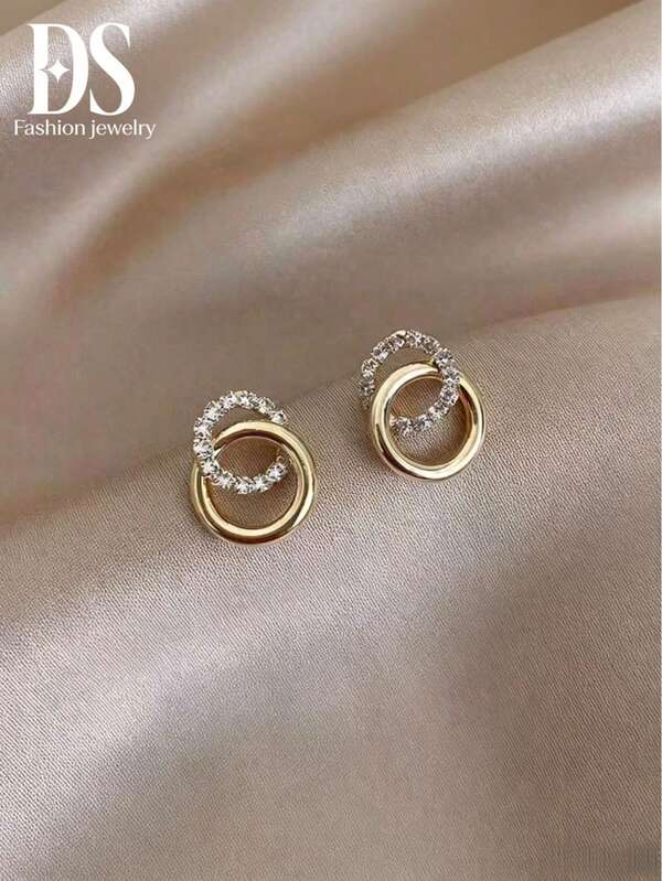 1pair Style Circle Shaped Earrings With Micro Inlaid Rhinestones, & Versatile Ear Accessories For Women's Daily Wear