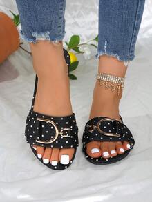 Sandalias planas tipo slide nuevas para el verano 2025, zapatos planos elegantes con hebilla dorada retro de moda, zapatos de playa estilo vacaciones, sandalias elegantes de hada preppy de moda universitaria vanguardista para vacaciones, playa, bohemio casual de cuero PU con hebilla para playa, festival, boda, universidad, vacaciones, fiesta, oficina, hogar, exterior, primavera, verano, otoño - Blanco y Negro - Ver 6