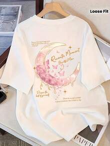 - Women's Chic Short-Sleeved Shirt, Butterfly Print - Y2K Style, Loose Fit, Round Neck, Casual Top With Unique Design, Short-Sleeved Top - White - View 1