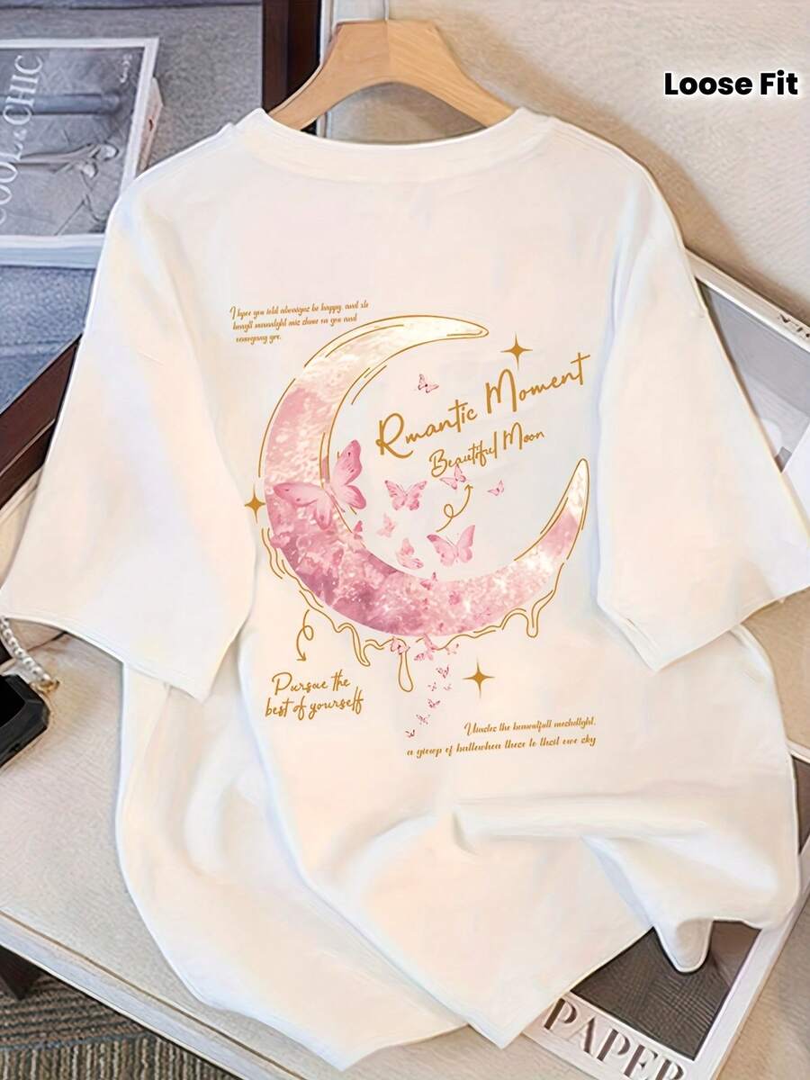 - Women's Chic Short-Sleeved Shirt, Butterfly Print - Y2K Style, Loose Fit, Round Neck, Casual Top With Unique Design, Short-Sleeved Top - White - View 1