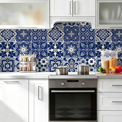 1 Roll Thickened Moroccan Pattern Self-Adhesive Wallpaper, Waterproof Stain-Resistant Removable, Vintage Pattern, Suitable For Kitchen Bathroom Living Room Renovation, Rental Home Refurbishment