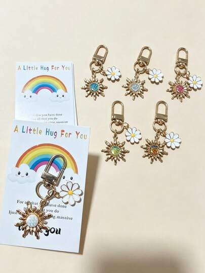 6pcs Sun And Lucky Flower Keychain With Thank You Hug Card, Suitable For Anyone Wanting To Express Gratitude And Appreciation. Perfect For Students, Teachers, Back To School, Halloween, Thanksgiving, Christmas, Teacher's Day, Etc. Lively And Cute Design, Can Be Used As Keychain, Car Accessory, Gothic Y2K