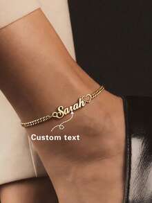 1pc Personalized Women's Custom Heart Stainless Steel Name Anklet, Custom Name Pendant Anklet, Multiple Font Options, Gift For Her, Valentine's Day Thanksgiving Christmas Gift, Gold, Silver, Fashion, Colorful, Vintage, Unisex, Minimalist, Casual, Custom, Personalized, Unique, Ideal Gift For Him, Ideal Gift For Her - Gold - View 1