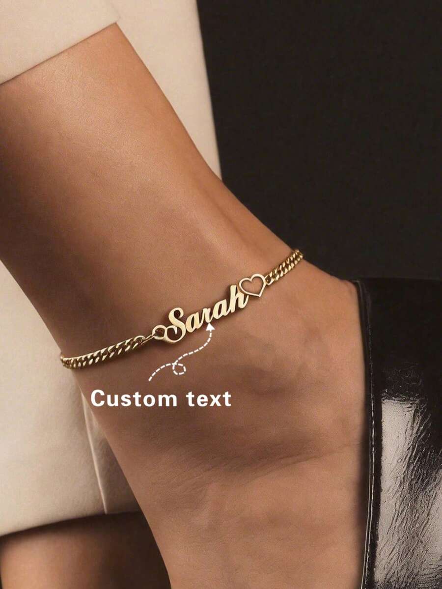 1pc Personalized Women's Custom Heart Stainless Steel Name Anklet, Custom Name Pendant Anklet, Multiple Font Options, Gift For Her, Valentine's Day Thanksgiving Christmas Gift, Gold, Silver, Fashion, Colorful, Vintage, Unisex, Minimalist, Casual, Custom, Personalized, Unique, Ideal Gift For Him, Ideal Gift For Her - Gold - View 1