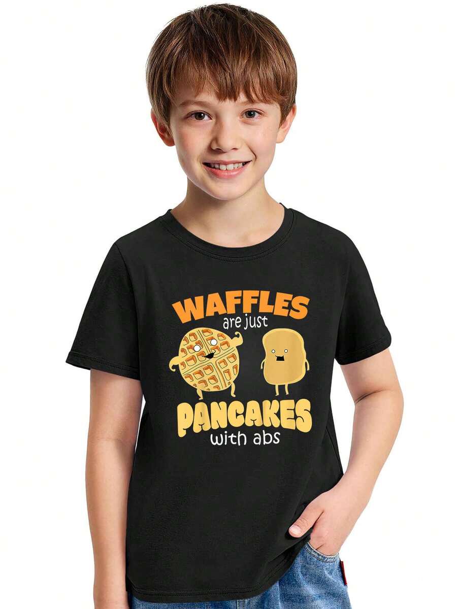 Los waffles divertidos son solo panqueques con abdominales Camisetas de desayuno 8808 Camiseta para niños y niñas - Negro - Ver 1