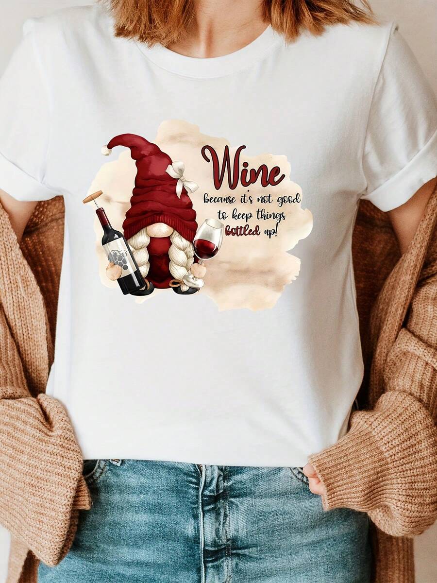 Yellow Background With Burgundy Print, Short Sleeves, Round Neck, Casual Spring-Summer Top, Women's Clothing - Unisex Loose-Fitting Cotton Short-Sleeved Round Neck V-Neck T-Shirt - 白色 - 查看 1