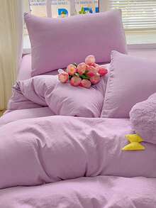 Blue And White Color Block Washed Polyester Skin-Friendly Duvet Cover 3 Pieces Set - Mauve Purple - View 7
