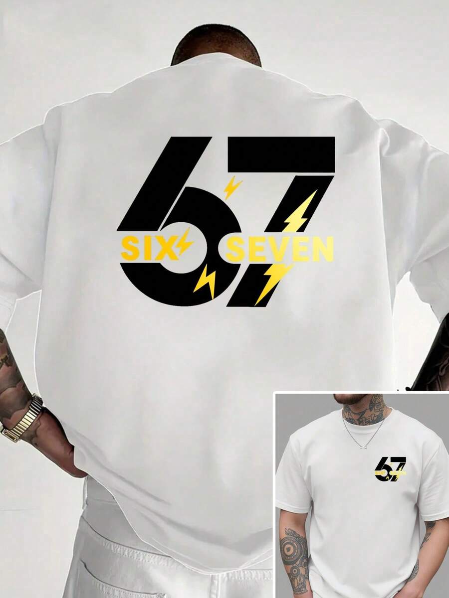 67, SIX SEVEN nueva camiseta de cuello redondo para hombre con estampado de doble cara, estilo casual, deportivo, moderno y holgado para estudiantes y adolescentes, de manga corta. - Blanco - Ver 1