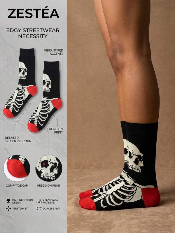 1 Paar schwarze Socken mit Totenkopf-Muster bis zur Wade, Unisex Gothic Totenkopf-Muster Polyester Socken bis zur Wade, atmungsaktiv schweißabsorbierend Neuheit Lässig Socken