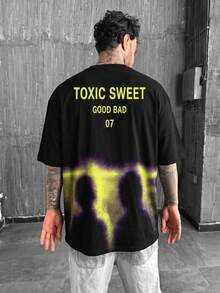 Krometka Men's American Vintage Y2K Style Neon Contrast Color Text Print Drop Shoulder Short Sleeve T-Shirt Casual Crew Neck Half Sleeve Top - Black - View 1