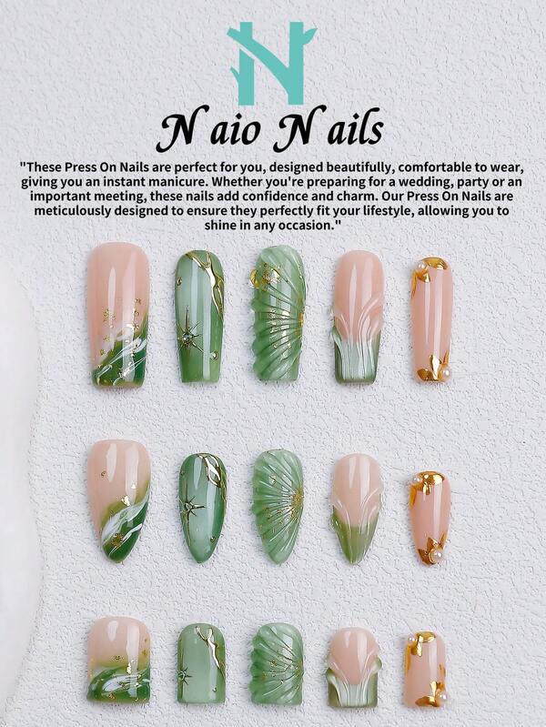 NAIO 10Pcs/Set Handmade Press On Nails, 3 Sizes: Coffin/Almond/Short Square Tips, Y2K Elegant Style,Nude Pink,Green Gold French Edge, Green Cat Eye Shell Texture Design,Gold Foil Starburst Decor, Women Girls, Party Daily Wear,Tool Kit, Gift Nail Supplies
