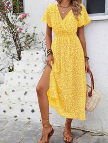 Floral Dress With Butterfly Sleeves And Leg Slit - Black - View 4