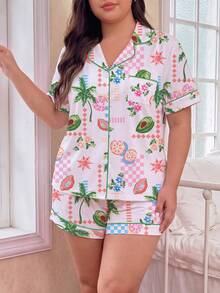 2pcs/Set Women's Pajama Set, Grid Floral & Coconut Tree Print, Women's Loungewear, Spring/Summer Holiday Outfit, Short Sleeve Lapel Top And Shorts, Can Be Worn Out - Multicolor - View 3