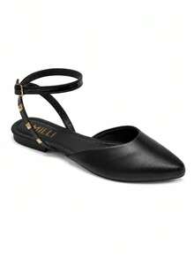 Women's Flat Shoes With Pointed Toe, Adjustable Ankle Strap, Spikes, Comfortable - Black - View 3