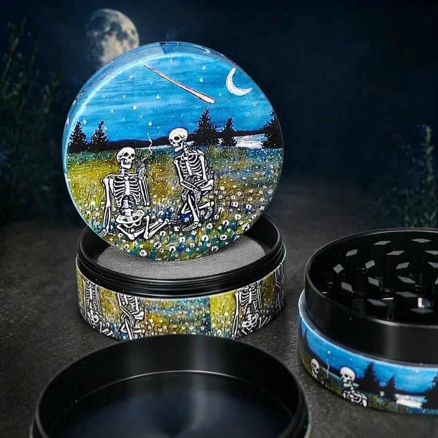 New Romantic Skull Oil Painting Texture Pattern Style Grinder, 50MM-4 Layer Zinc Alloy Metal Grinder, Creative Niche Grinder Suitable For Hand-Rolled Smokers! Holiday Gift! Valentine's Gift!