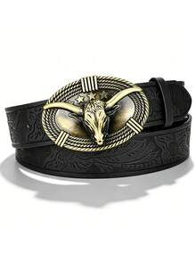Cinto Masculino Estilo Ocidental de Couro Sintético com Fivela de Cabeça de Touro | Design Floral em Relevo Durável Preto - Adequado para Eventos Ocidentais, Festas e Presentes - Preto - Visão 7