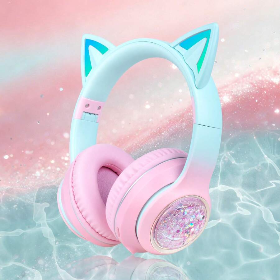 Gerripuer This Cute Wireless Bluetooth 6.0 Cat Ear Headphones With Charming "Quicksand" Glitter Design, 12-Hour Battery Life, Perfect For Gaming, Music, Learning And Watching Movies