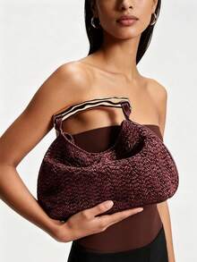 Metal Handle Tote Bag, Versatile Daily Vintage Fashion Straw Handbag - Burgundy - View 5