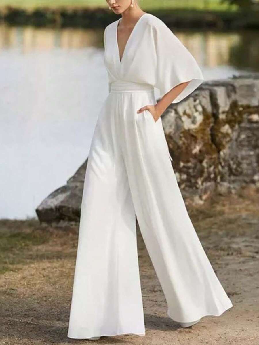Mono liso estilo chino moderno cuello oblicuo cintura media uso diario primavera-verano 2026 - Blanco - Ver 1