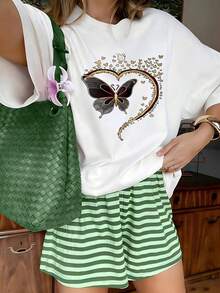 Elegant Black Gold Butterfly Heart Trail Graphic T-Shirt, 100% Cotton Oversized Soft Breathable Glamorous Tee, Casual Crewneck Short Sleeve Top For Parties & Special Occasions - 白色 - 查看 10