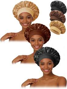 CONFLASS 4pcs/Set Women's Solid Color Wide Band Elastic Silky Satin Sleep Cap, Casual Comfortable Fashion Hair Care Sleep Cap - Multicolor - View 11