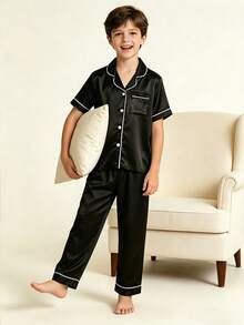 Tween Boy Black Mottled Collar Short Sleeve Single-Breasted Top And Shorts/Pants Casual Pajama 3-Piece Set - Black - View 7