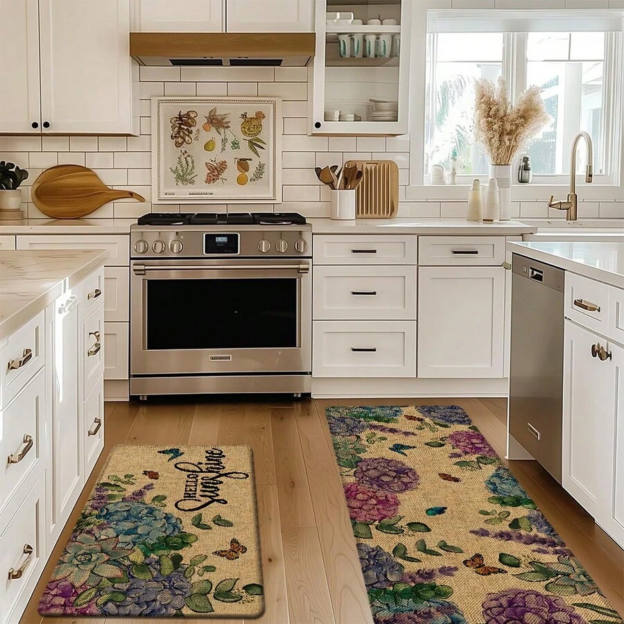 1 pieza, Decoración del hogar, Estampado de patrón floral, Alfombra de cocina de lino, Tapete de cocina, Tapete de piso, Tapete de baño, Tapete de puerta, Impresión 3D rectangular, Adecuado para sala de estar, dormitorio, pasillo, baño, lavandería - Alfombra de poliéster, Adecuado para decoración del hogar interior y exterior - Multicolor - Ver 1
